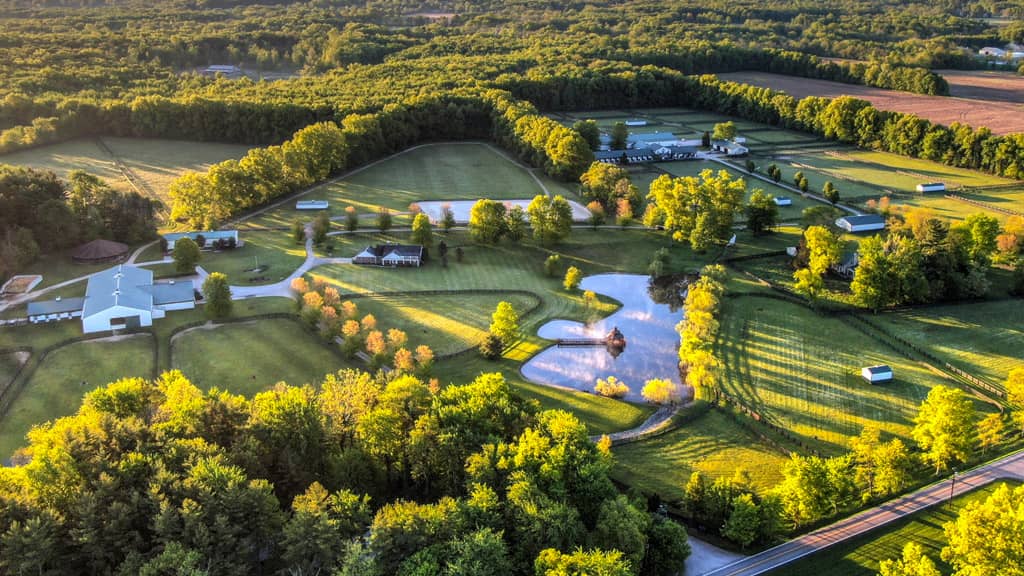 Aerial photo of the scenic, peaceful 80-acre property at Still Water Farm